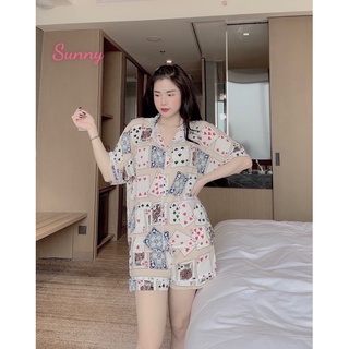 Set bộ pijama lá bài quần đùi cánh dơi chất lụa mango mềm mịn