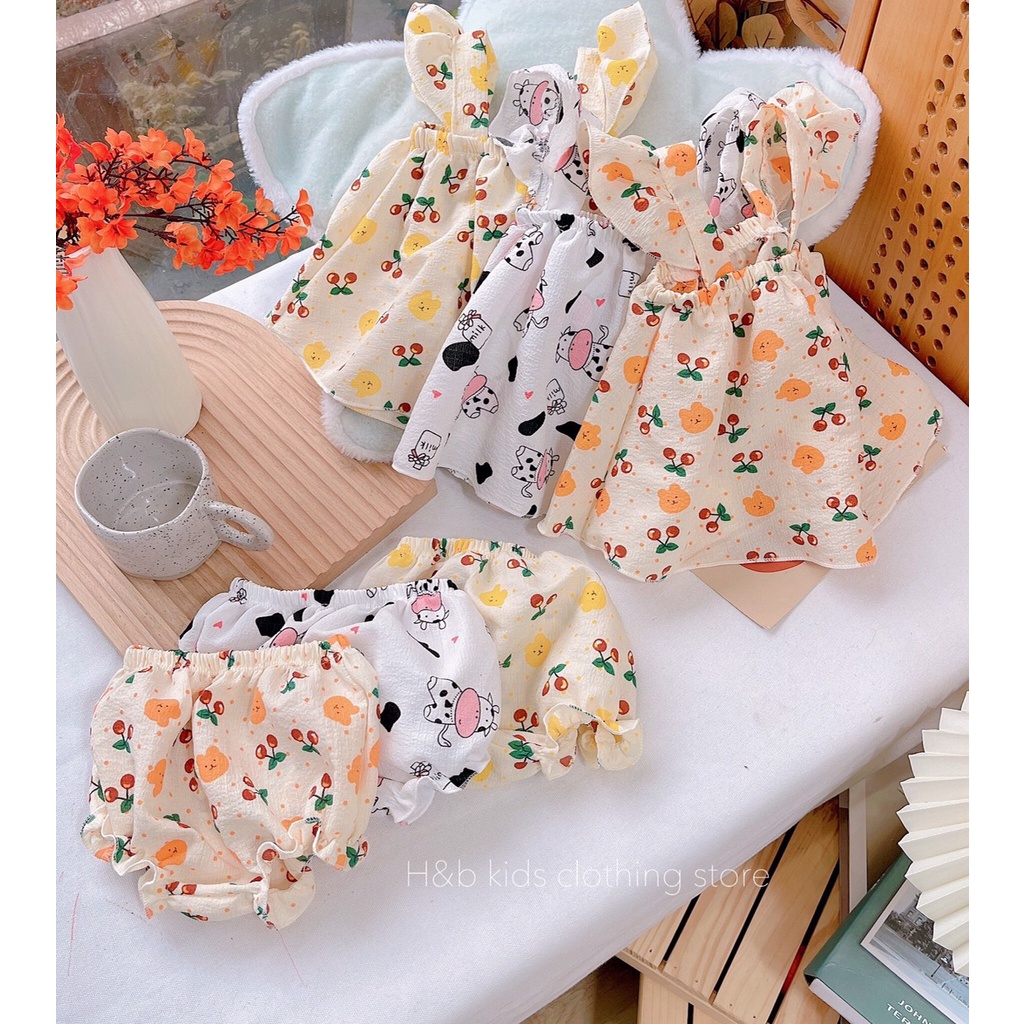 Bộ đồ hai dây cánh tiên vải đũi xốp họa tiết đáng yêu cho bé gái từ 6 – 16kg