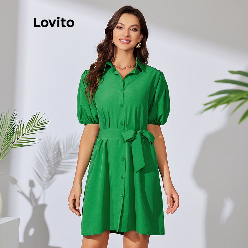 iou Đầm Lovito có dây thắt lưng và nút màu trơn kiểu lồng đèn thanh lịch L29LD017 (màu xanh lá cây)