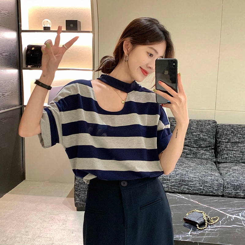 Áo thun ZHELIHANGFEI dệt kim tay ngắn dáng rộng kẻ sọc trẻ trung thời trang cho nữ