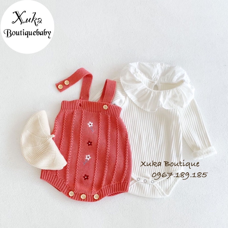 Áo Khoác Len Cardigan / Yếm Len Hồng Thêu Hoa Giữ Ấm Cho Bé Gái ,Body Trắng Cổ Tròn
