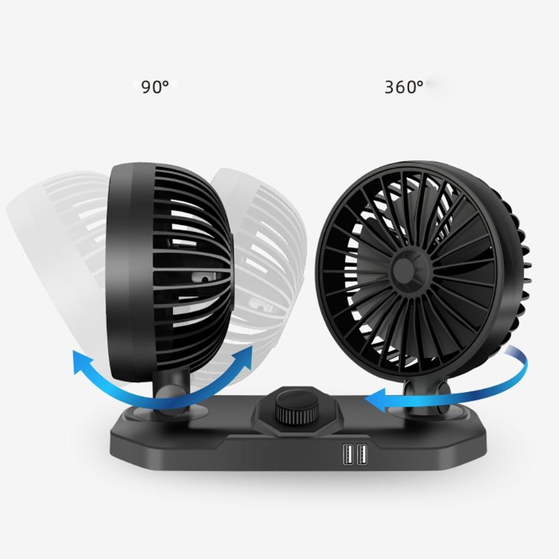 Quạt làm mát xe hơi hai đầu 12V/24V xoay 360 độ tiếng ồn thấp sạc USB