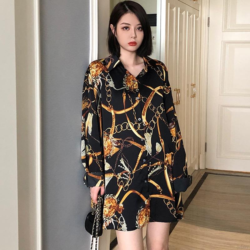 Áo Sơ Mi Nữ Dáng Rộng Tay Dài Họa Tiết Cổ Điển Phong Cách Hàn Quốc