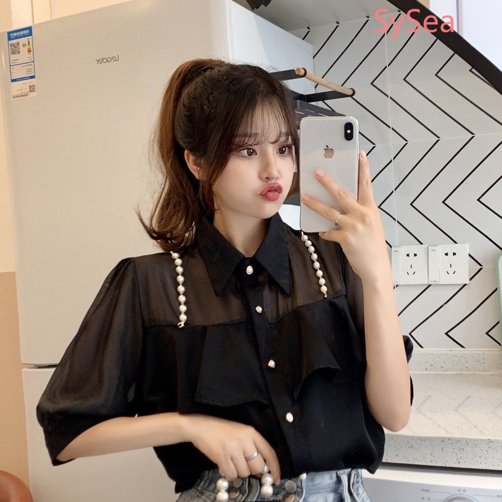 Áo sơ mi nữ tay ngắn đính ngọc trai giả phong cách Pháp thời trang mùa hè