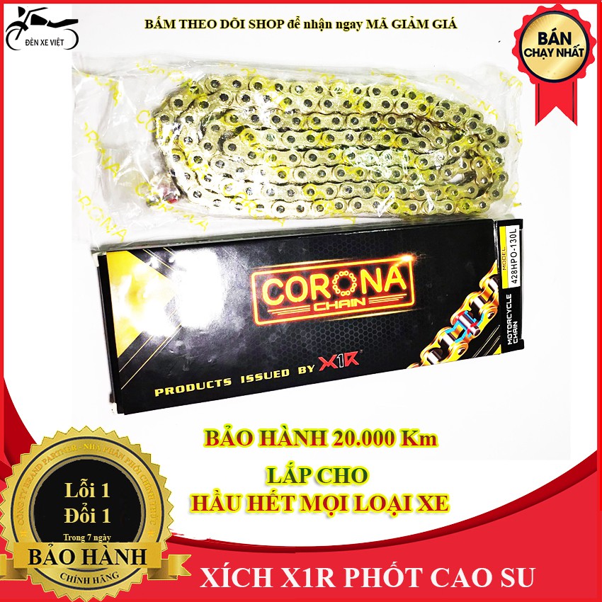 XÍCH (SÊN) PHỚT CAO SU CỠ 428 HPO 130L - LOẠI CORONA HÃNG X1R - MÀU VÀNG, LẮP ĐƯỢC CHO MỌI LOẠI XE BẢO HÀNH 20000 Km