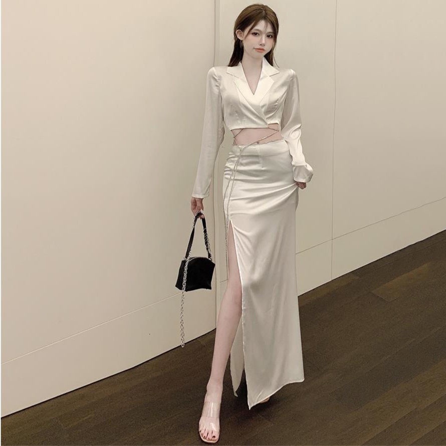 Set áo cổ vest + chân váy lưng cao xẻ tà thời trang xuân thu 2021 mới cho nữ