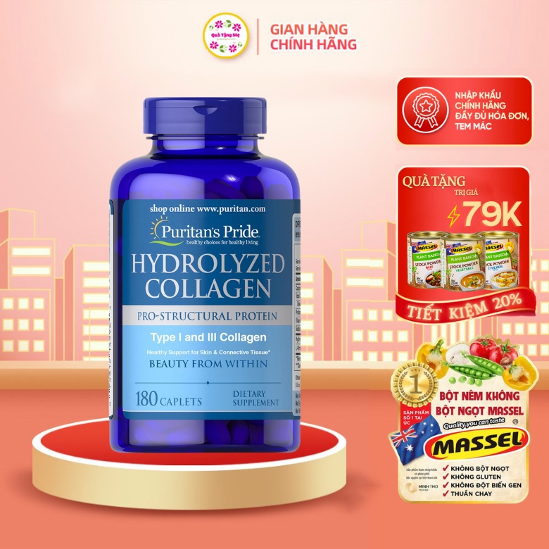 Viên uống Collagen thủy phân trắng da, mờ nám Hydrolyzed 1000mg Puritan's Pride 180 viên - QT167