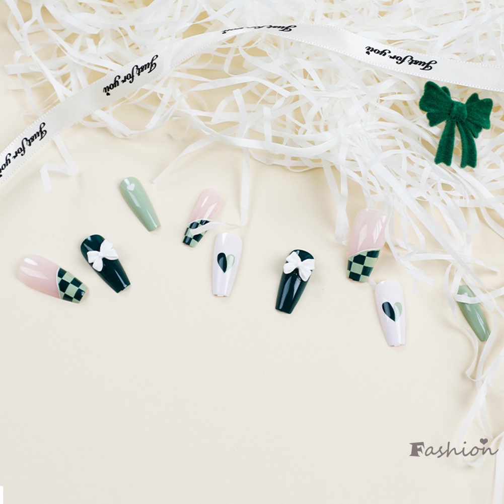 Bộ 24 Móng Tay Giả Dáng Dài Màu Xanh Lá Che Phủ Toàn Diện Có Thể Tháo Rời Kèm Keo Dán Thạch/ Móng Tay Nhân Tạo Cho Nữ &amp; Bé Gái
