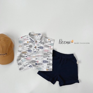 Set áo sơ mi cộc tay bé trai bé gái họa tiết cá (bộ bé trai kiểu Hàn Quốc)