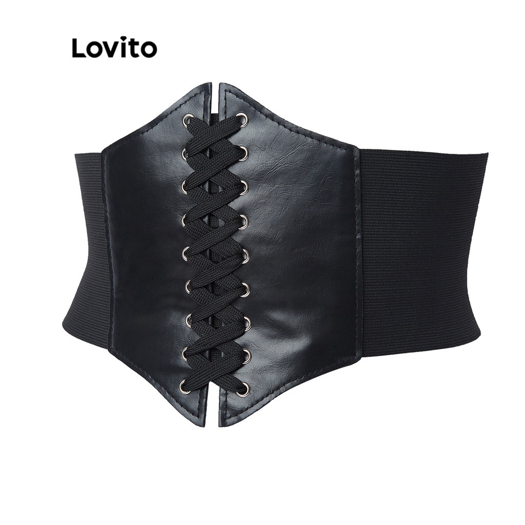 Áo corset Lovito màu trơn phối dây rút cột dây qua khoen định hình cơ thể phong cách thường ngày L18X348 (Màu cà phê/đen)