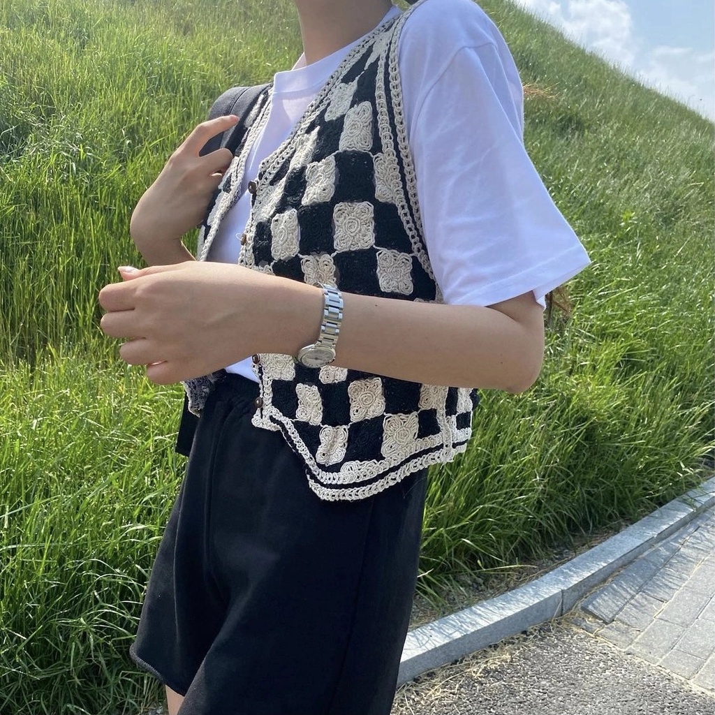 SUXI Áo Khoác Dệt Kim Không Tay Dáng Rộng Họa Tiết Kẻ Ô Phong Cách Hàn Quốc Thời Trang Mùa Thu Cho Nữ