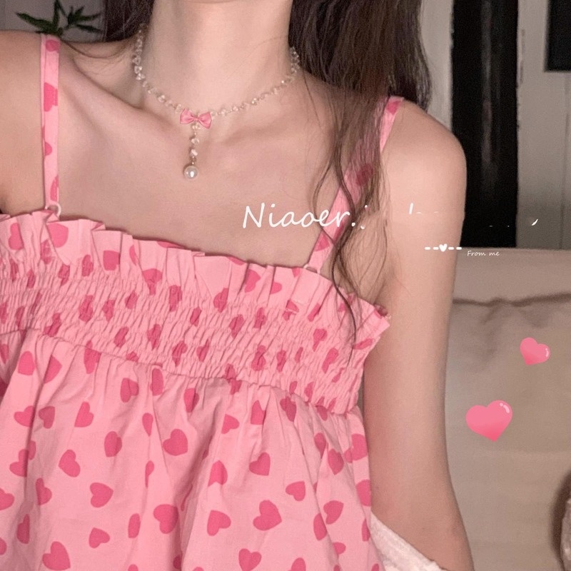 Áo hai dây xếp ly họa tiết trái tim màu hồng ngọt ngào thời trang mùa hè hàng mới cho nữ