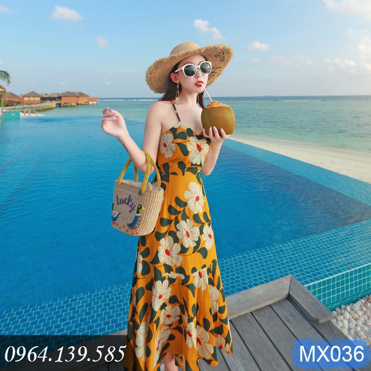 váy maxi hoa vàng đan lưng sexy xinh xắn