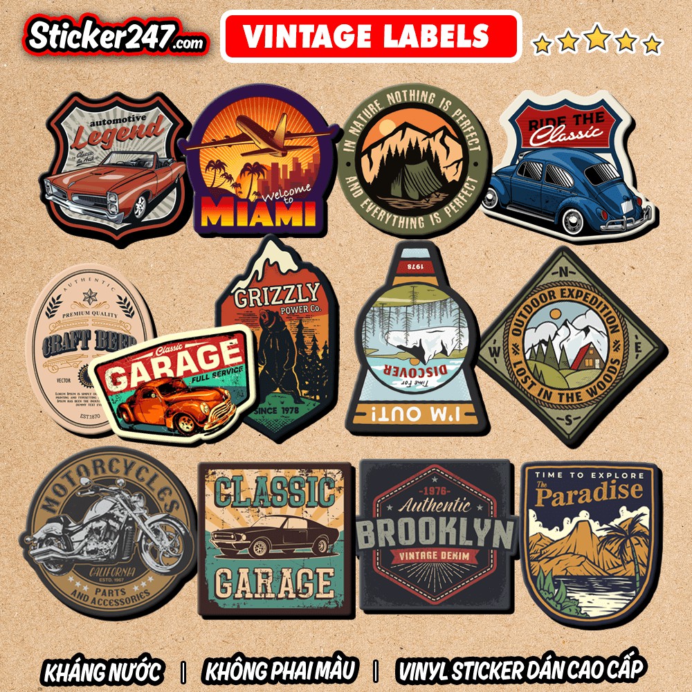 Sticker Vintage Labels 🌈𝑭𝒓𝒆𝒆𝒔𝒉𝒊𝒑 Sticker Dán Mũ Bảo Hiểm, Dán Vali, Đàn Guitar - Hình Dán Chống Thấm Nước - Mix Chủ Đề