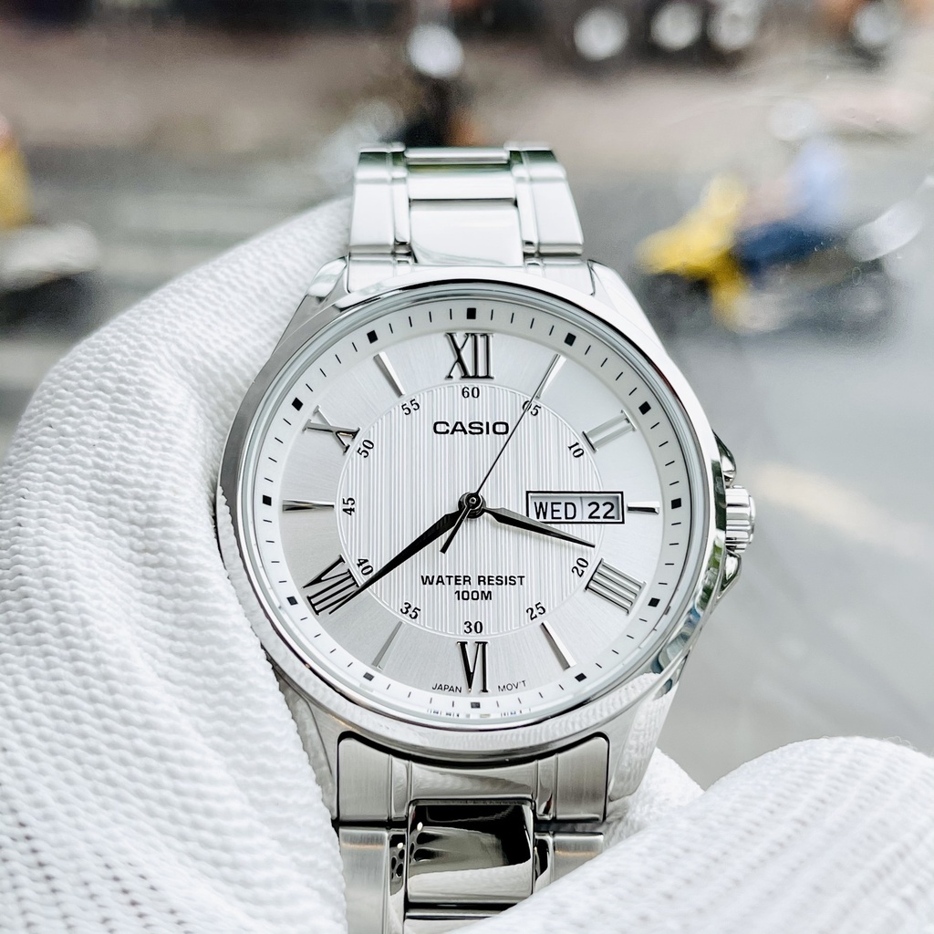 Đồng hồ Nam Casio MTP-1384D-7AV, đồng hồ chính hãng, dây bạc mặt trắng