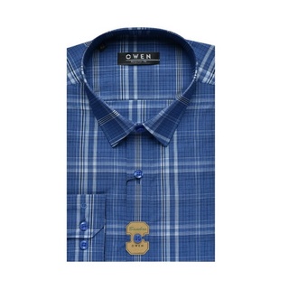 Áo Sơ Mi Nam Dài Tay Owen AR23380D Somi Công Sở Cao Cấp Màu Xanh Navy Kẻ Caro Trắng Dáng Suông Không Túi Chất Sợi Tre