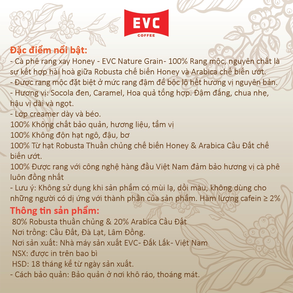 Cà phê hạt Honey - EVC Nature Grain -  Arabica Cầu Đất & Robusta thuần chủng - 100% Rang mộc, Nguyên chất