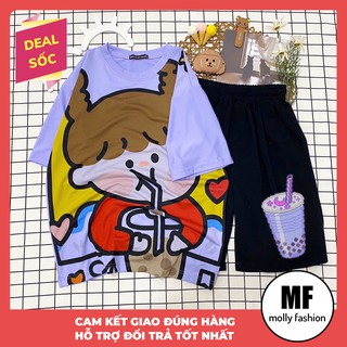 Đồ bộ hoạt hình form rộng Unisex CÔ BÉ TRÀ SỮA Freesize dành cho nam nữ Molly Fashion