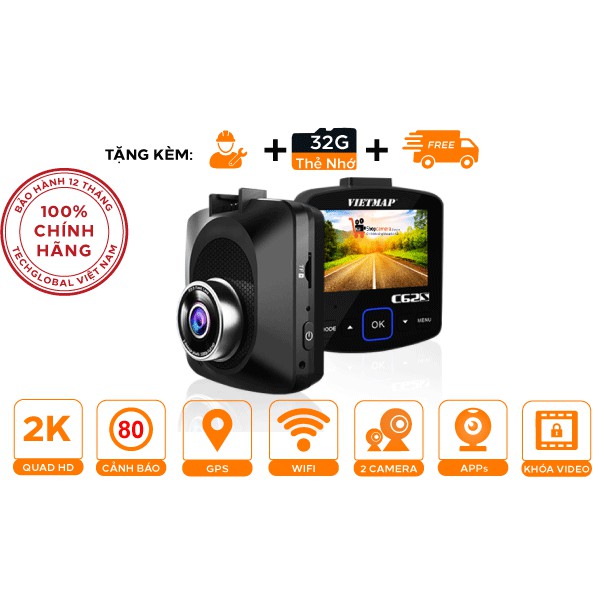 Camera Hành Trình Ô tô VietMap C62S phân giải Ultra HD 4K - Ghi Hình Trước Sau Tích Hợp Giọng Nói + Wifi + Thẻ Nhớ 32GB