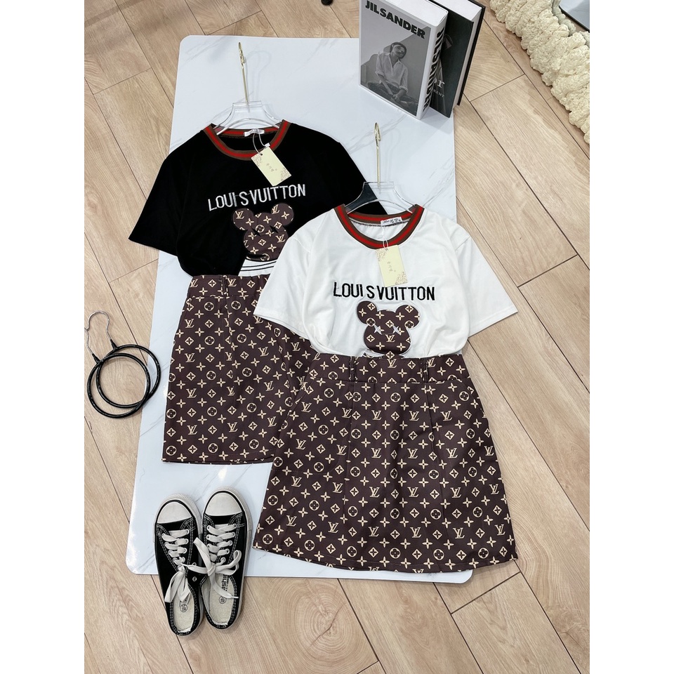 Set đồ mùa hè nữ, áo thun chân váy gấu LV