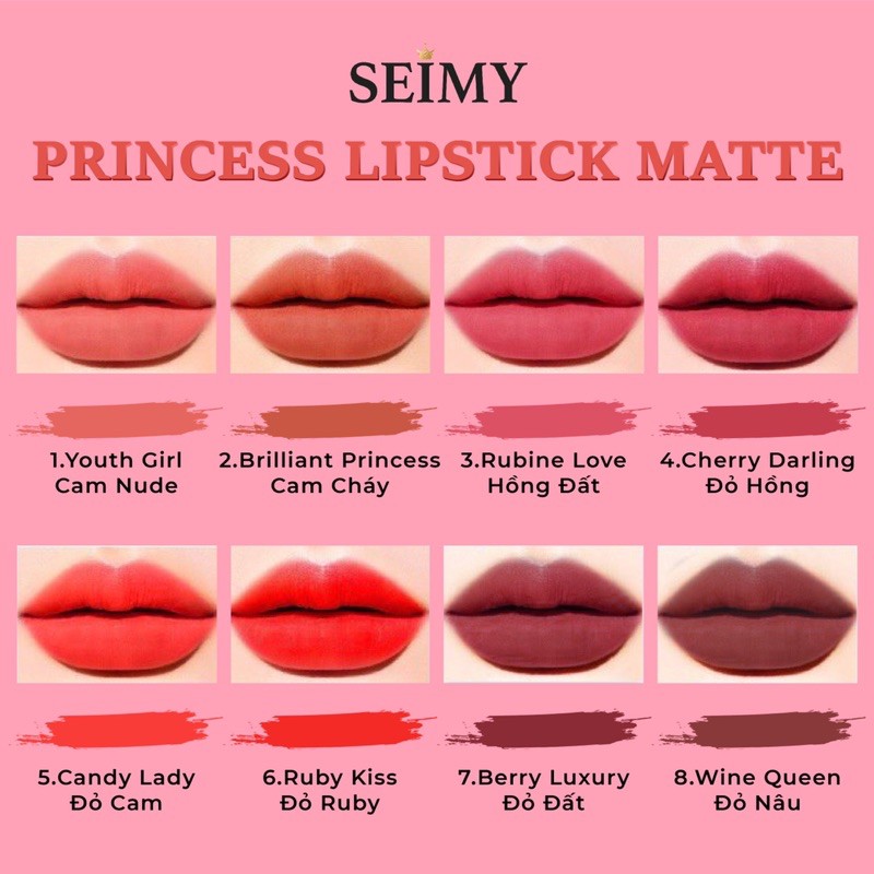 [CHÍNH HÃNG] Son kem lì Seimy - Princess Lipstick Matte - Son thiên nhiên an toàn cho bà bầu, kháng nước, nhiều dưỡng