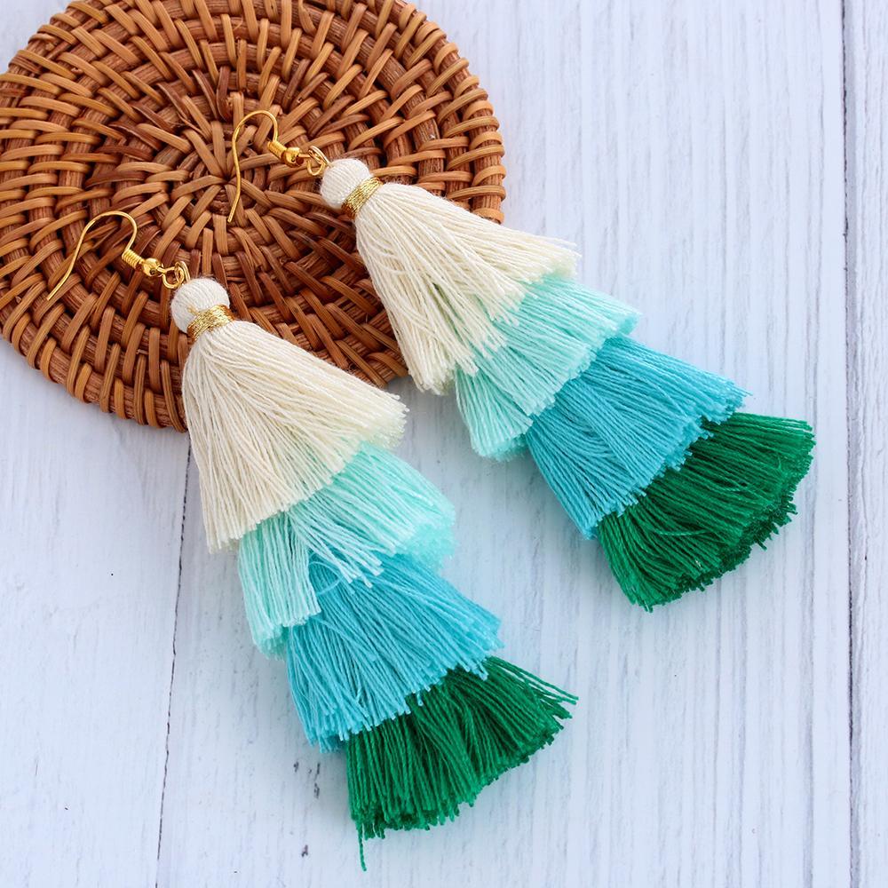 XIANTIN 1 Đôi Bông Tai Tua Rua Dài Bằng Vải Lụa Nhiều Lớp Phong Cách Boho Dân Tộc Thời Trang Dành Cho