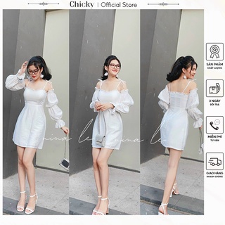 Váy đầm nữ dầm trễ vai tay nhún cột nơ vai trẻ trung