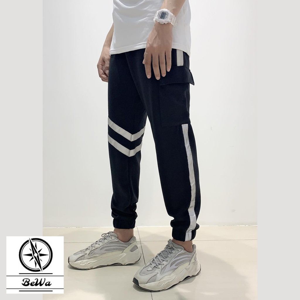 Quần jogger nam đẹp phản quang túi hộp 2 sọc vải nỉ cao cấp unisex form rộng phát sáng BeWay