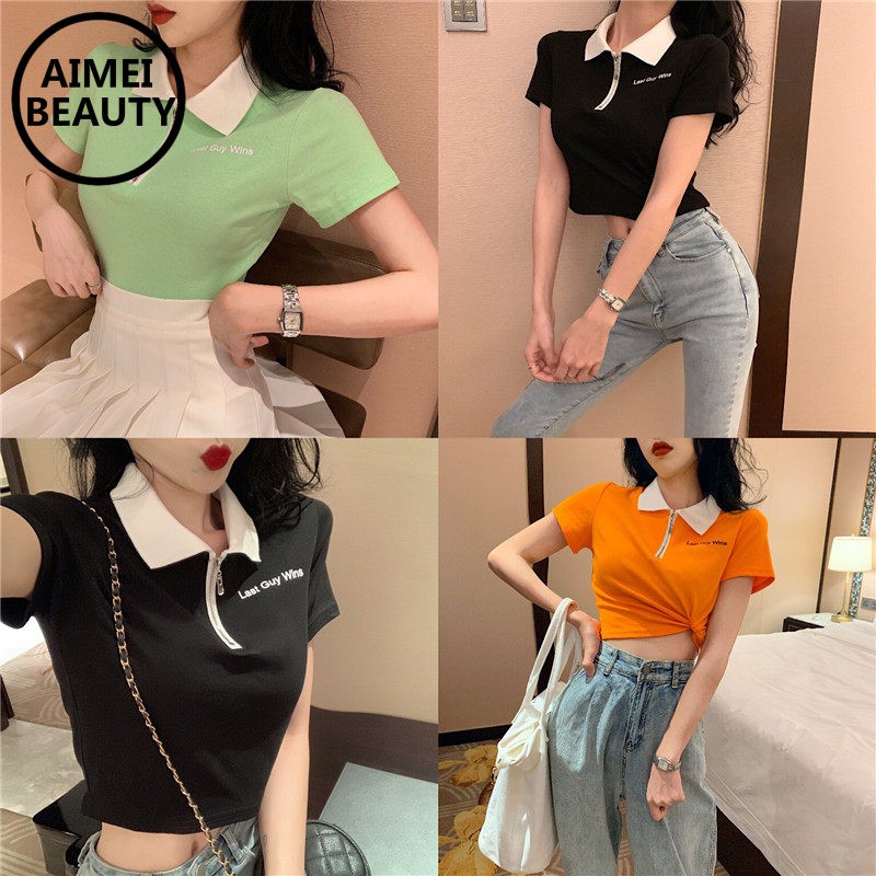Áo Thun Nữ Ngắn Tay Có Cổ Khóa Kéo Thời Trang