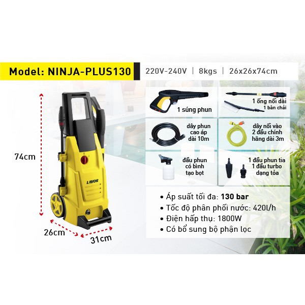 [BH 12 THÁNG] Máy xịt rửa xe áp lực cao cho ô tô xe máy NINJA PLUS 130, máy bơm rữa xe cao áp tăng áp gia đình mini