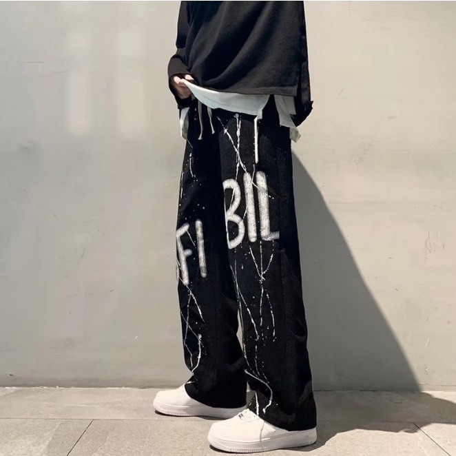 Quần dài dáng rộng ống suông phong cách đường phố Mỹ cá tính cho nam quần jean nam in chữ Quần tây nam sọc thời trang phong cách hàn quốc