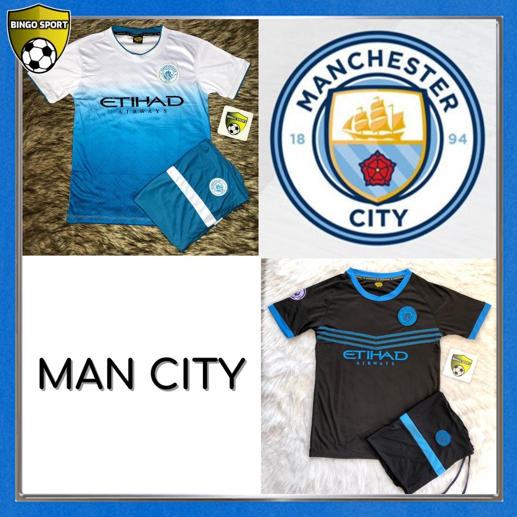 Áo Bóng Đá CLB MAN CITY Trắng - Xanh Biển & Đen Thun Lạnh Logo Thêu Nổi Sân Nhà 22/23 BINGO SPORT