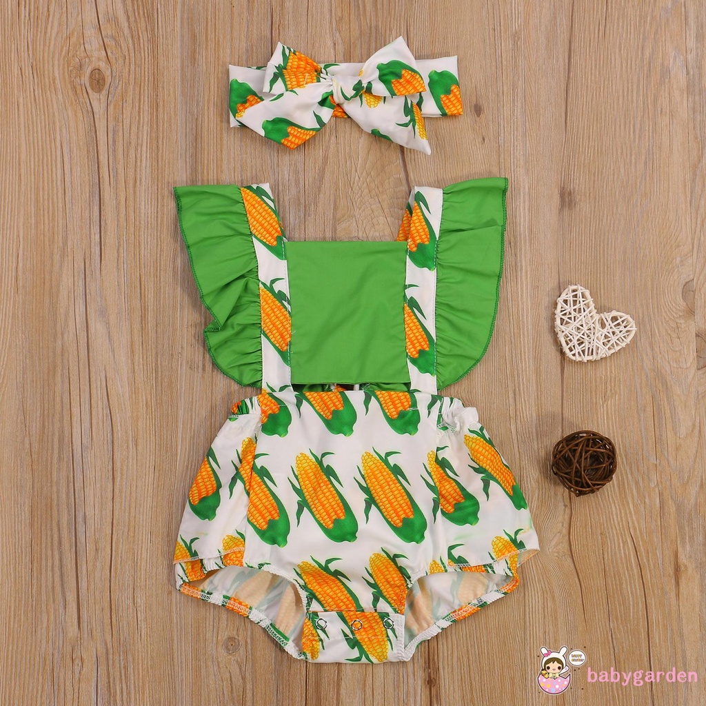 Set áo liền quần cổ vuông tay áo cánh tiên họa tiết quả bơ dễ thương và băng đô thắt nơ thời trang dành cho bé gái