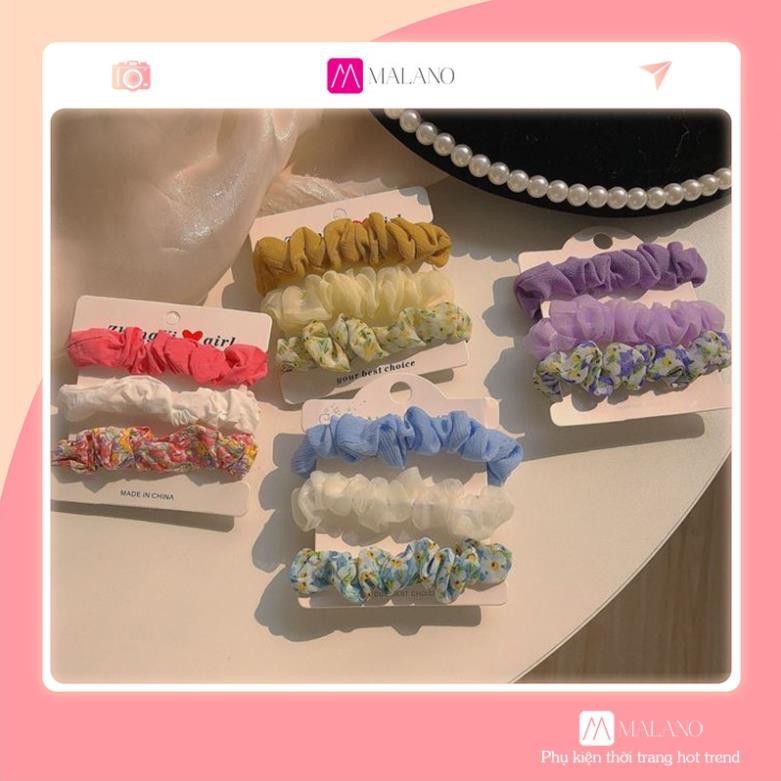 Dây Buộc Tóc SOLANO Chun Buộc Tóc Co Giãn Set 3 Dây Chun Buộc Tóc Vải Hoa Phong Cách Hàn Quốc FA-001240