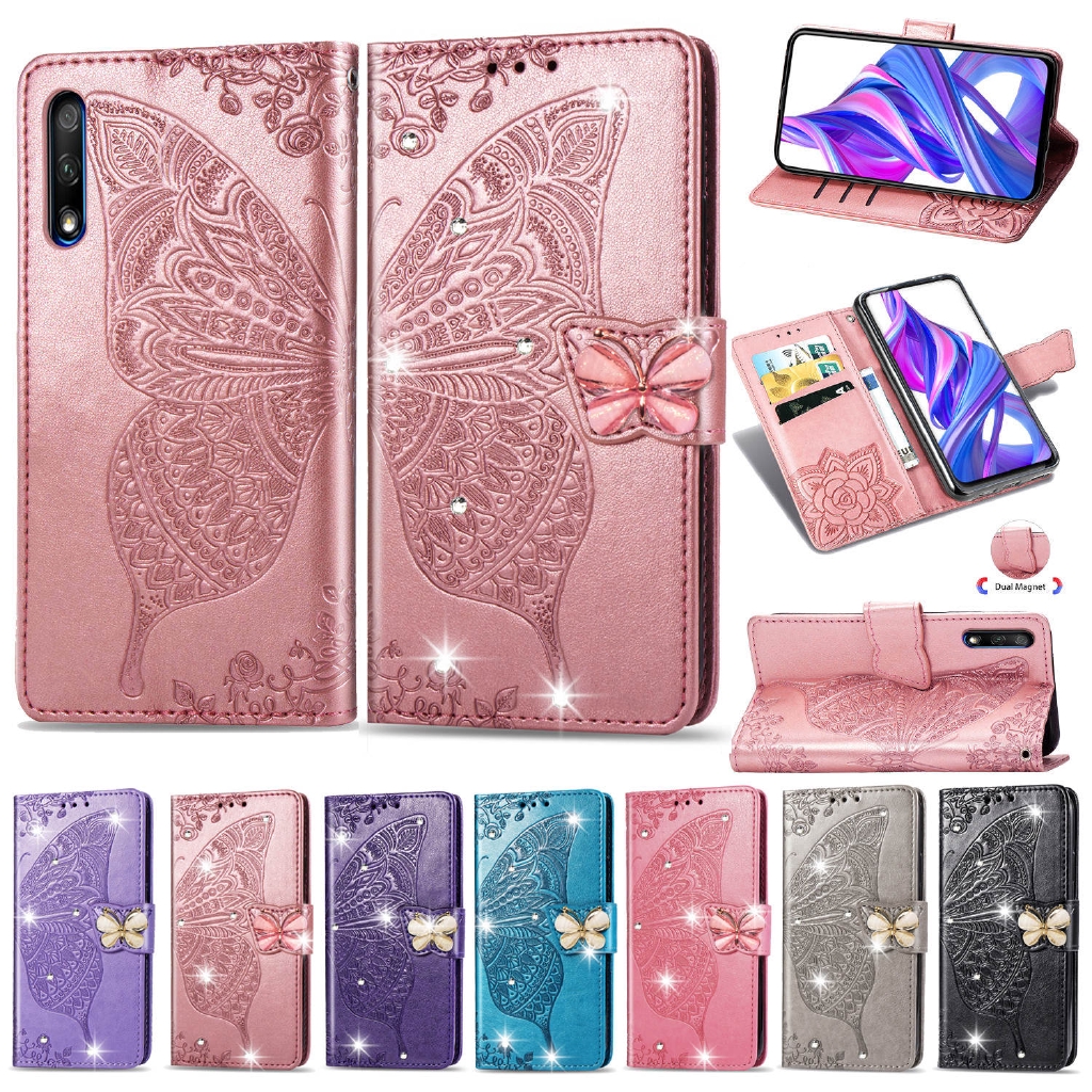 Bao Da Điện Thoại Nắp Lật Kèm Ngăn Đựng Thẻ Đính Đá Hình Bướm Lấp Lánh Cho Xiaomi Redmi Note 9 Pro Max Note9S Ốp