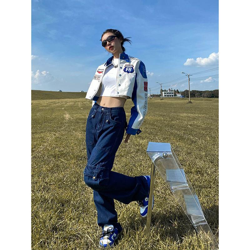 Quần Jean Dài Lưng Cao Ống Rộng Phối Nhiều Túi Phong Cách Retro Mỹ Cá Tính Cho Nữ