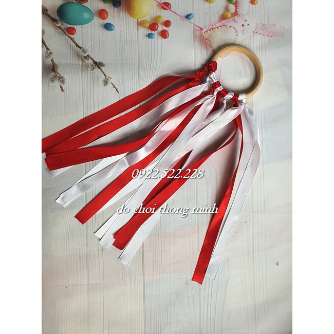 Vòng gỗ cầu vồng gắn dây ruy băng handmade kích thích thị giác | Đồ chơi cho trẻ sơ sinh