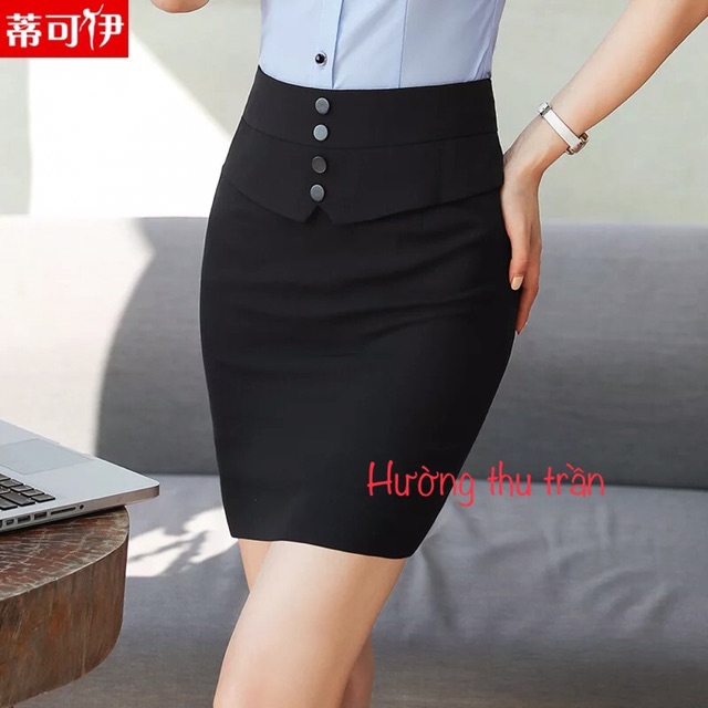 Chân váy bút chì vạt bụng phối cúc đen thời trang công sở | BigBuy360 - bigbuy360.vn