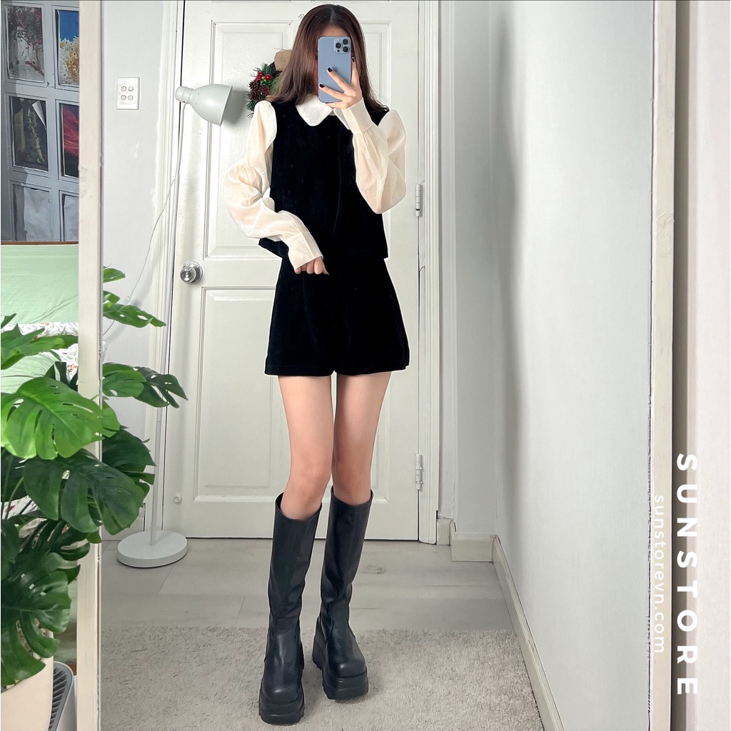 Set đồ nữ xinh áo sơ mi cổ sen và quần short chất nhung màu đen