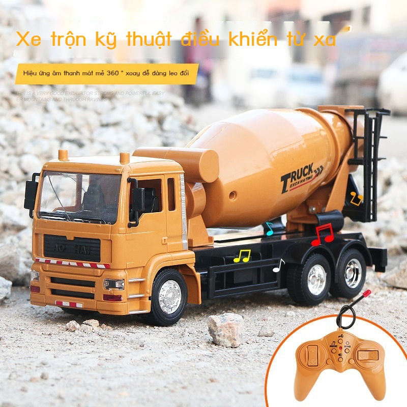 CMáy trộn điều khiển từ xa không dây xe tải xi măng bê tông lớn kỹ thuật cậu bé sạc đồ chơi thùng phuy