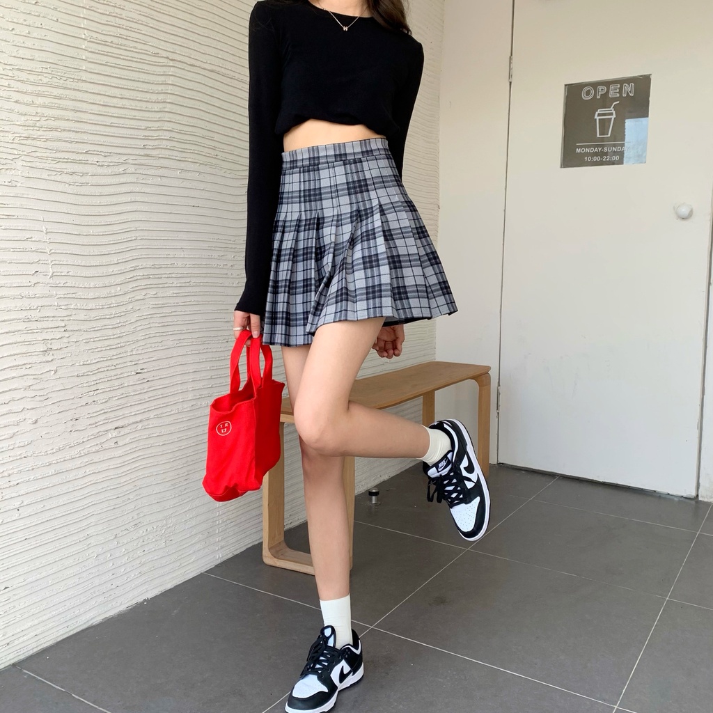 SUXI Chân Váy Chữ A Lưng Cao Họa Tiết Sọc Caro Phong Cách Hàn Quốc Cho Nữ