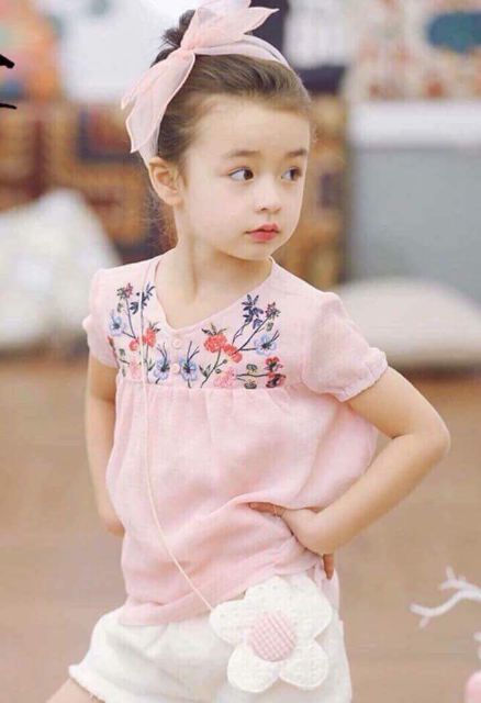 Áo babydoll thêu ghi bé gái