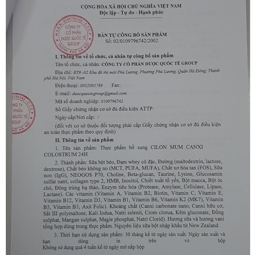 Sữa CILONMUM Canxi Colostrum 24h giúp hấp thu canxi và ngừa loãng xương