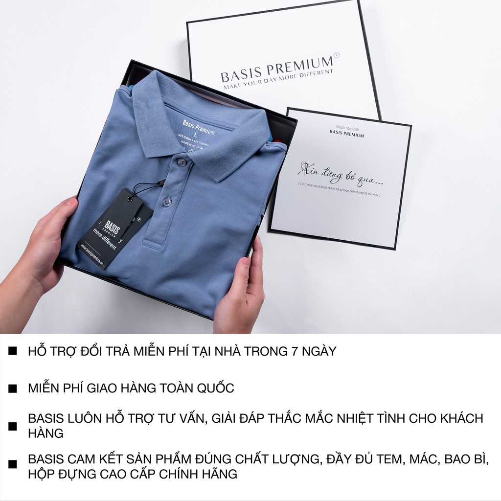 Áo thun polo nam phối màu xanh trắng, thiết kế đơn giản Basis APL59 | BigBuy360 - bigbuy360.vn