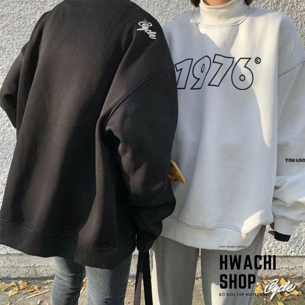 Áo sweater nỉ nam nữ, áo nỉ Unisex basic sweater dáng rộng in chữ 1976 2 màu so Hot G045 | BigBuy360 - bigbuy360.vn