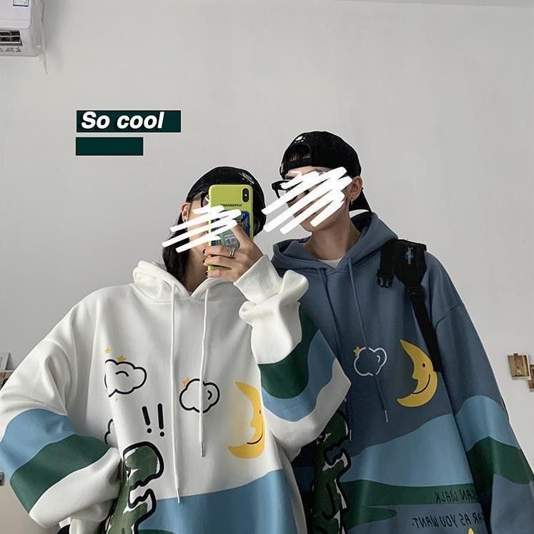 Áo hoodie sweater dáng rộng in hình khủng long kiểu Hàn Quốc cho nam