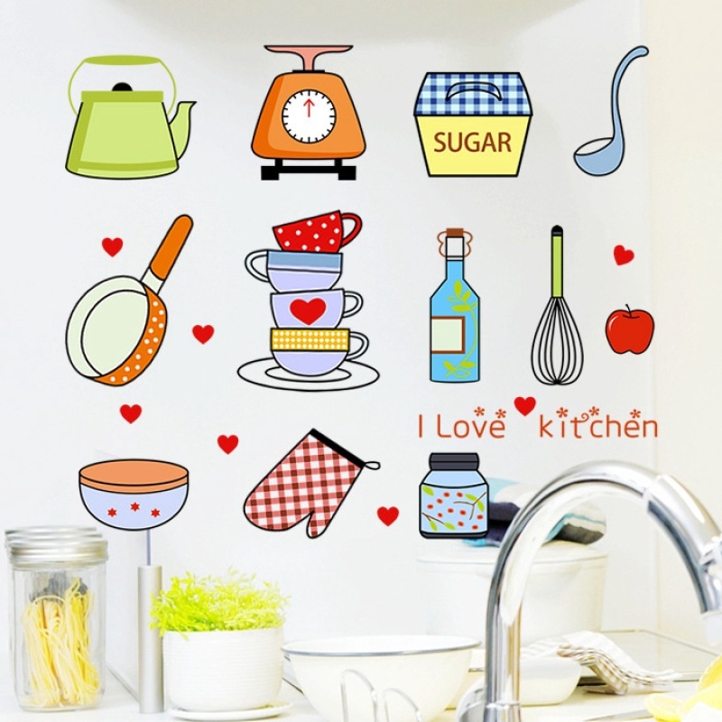 Decal Dán Tường Trang Trí Nhà Bếp Hình Dụng Cụ Nấu Ăn Ngộ Nghĩnh Kích Thước 30x45cm