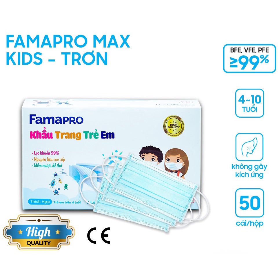 [HỘP-50 CÁI-QUAI THUN] COMBO 5 HỘP Khẩu trang y tế trẻ em kháng khuẩn 3 lớp Famapro max kid