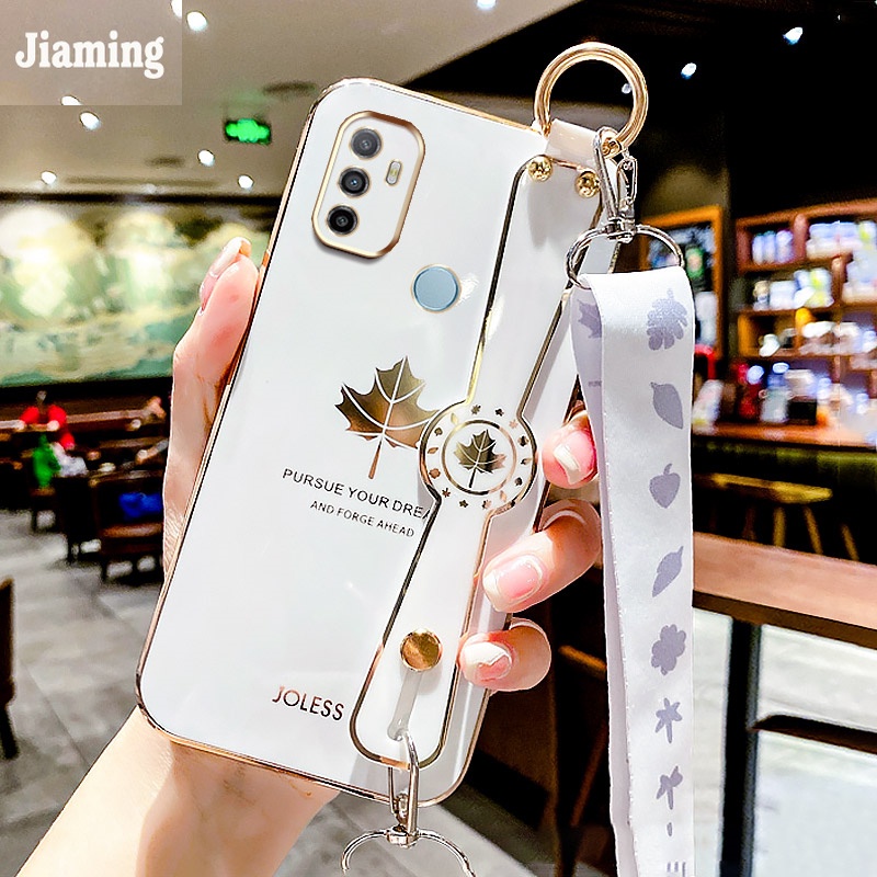 Ốp Điện Thoại Viền Lá Phong Mạ Điện Sang Trọng + Dây Đeo Cho OPPO A53 2020