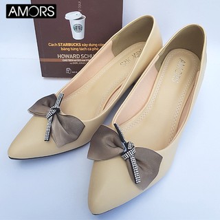 Giày búp bê cao gót đế vuông mũi nhọn da mềm cao 5cm có nơ voan dây đính đá AMORS G002